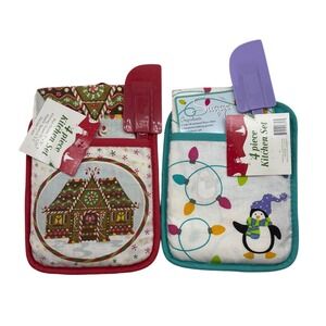 New Morgan Home Christmas Kitchen Set 4pc 2pk Gingerbread Penguin Towel Spatula